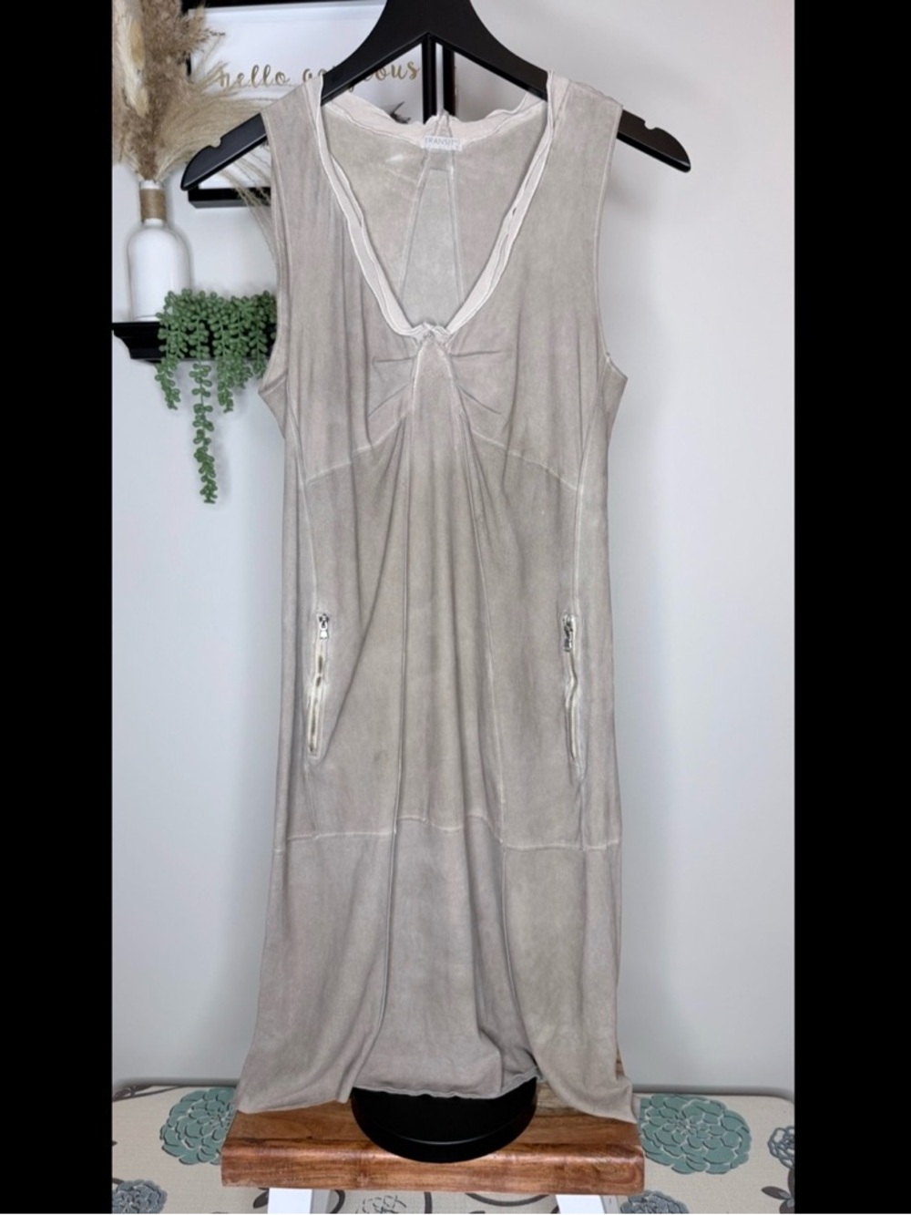 Transit Sleeveless Taupe Suede Dress with Front Zipper Pockets